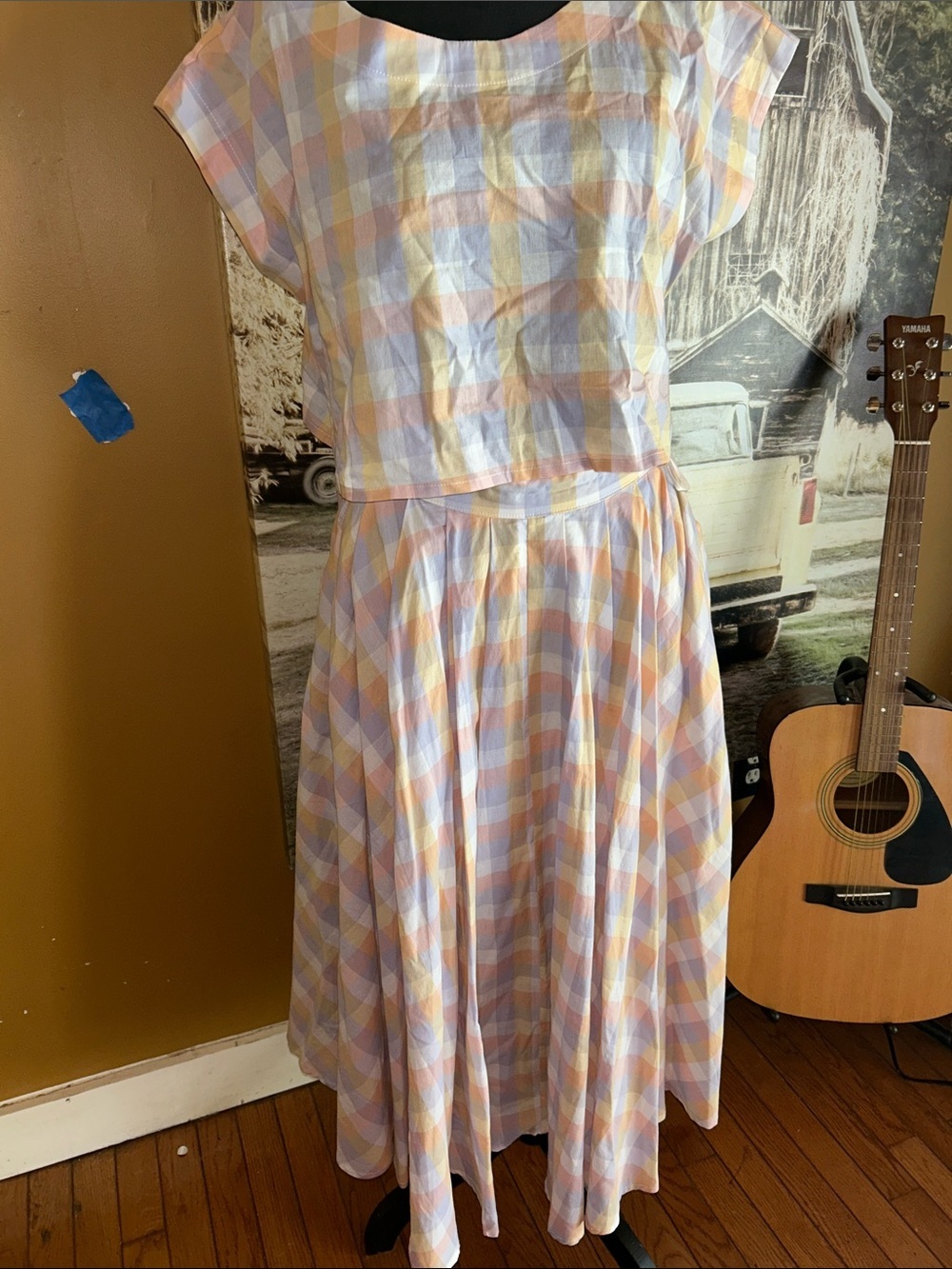 Bobbles and Lace Pastel Plaid Midi Dress - Soft Yellow, Pink & Blue